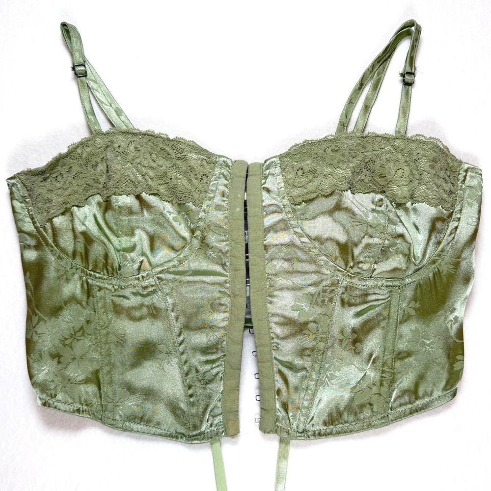 Y2K‎ LA Hearts Green Satin Floral Lace Trim Corset Top Hook Eye Lace Up Back XS